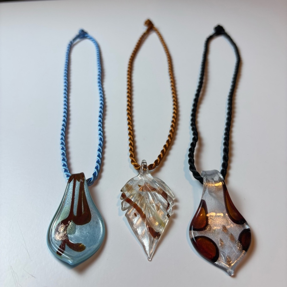 Lot of (3) EUC Elegant Glass Slider Pendant Necklaces with Braided Cords Art